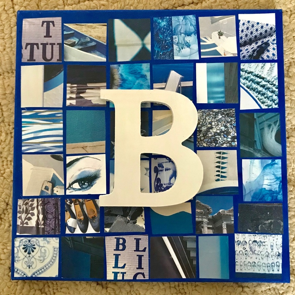 12 x 12 initial “B” blue and white mosaic collage